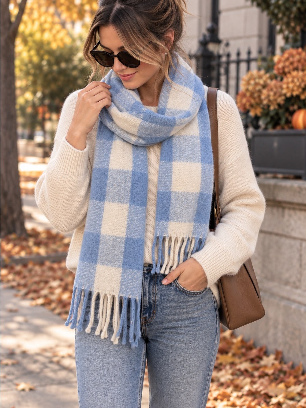 Blue and White Checkered Fringe Scarf